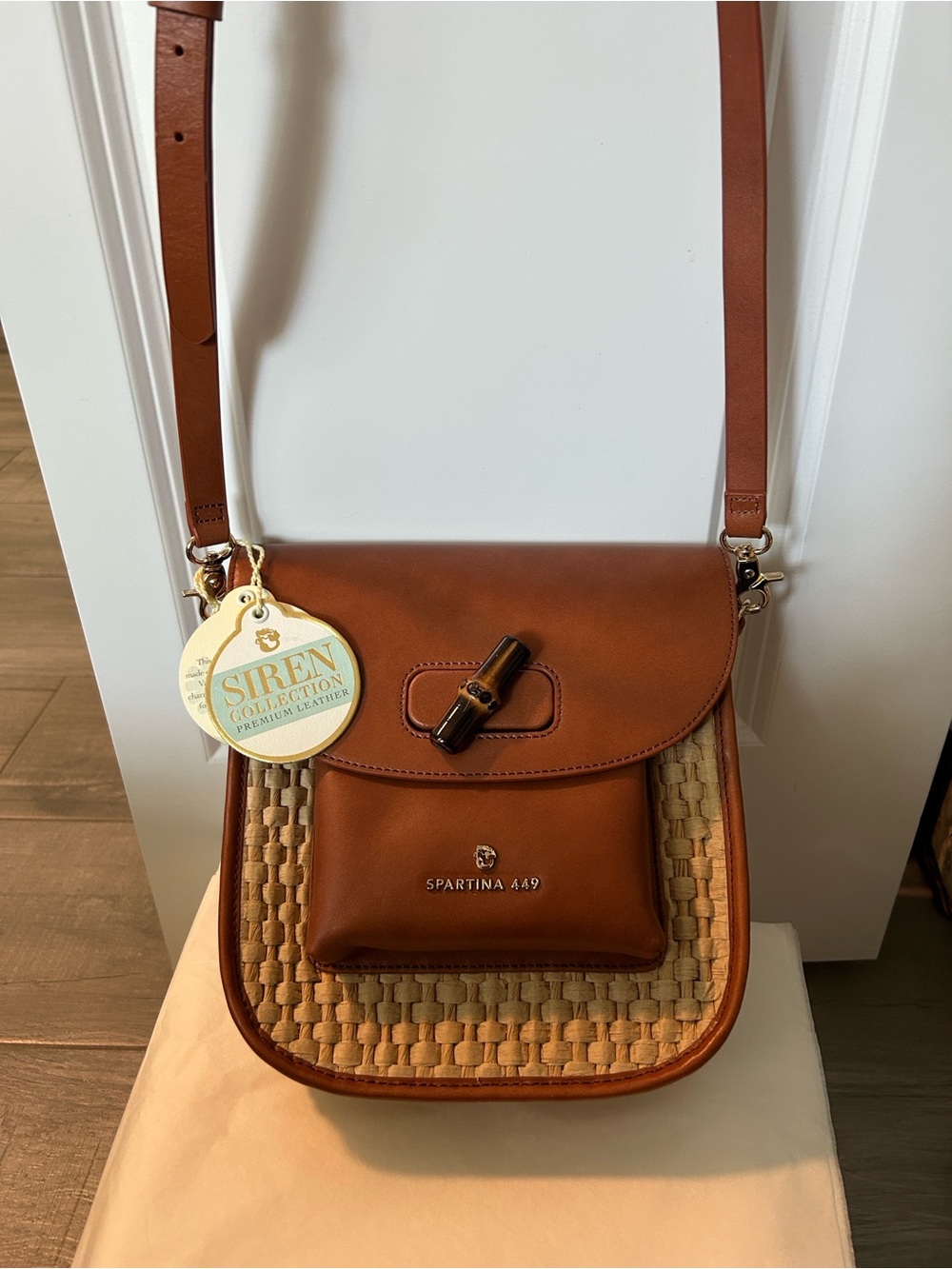Spartina 449 Tan Leather & Woven Crossbody with Bamboo Accent
